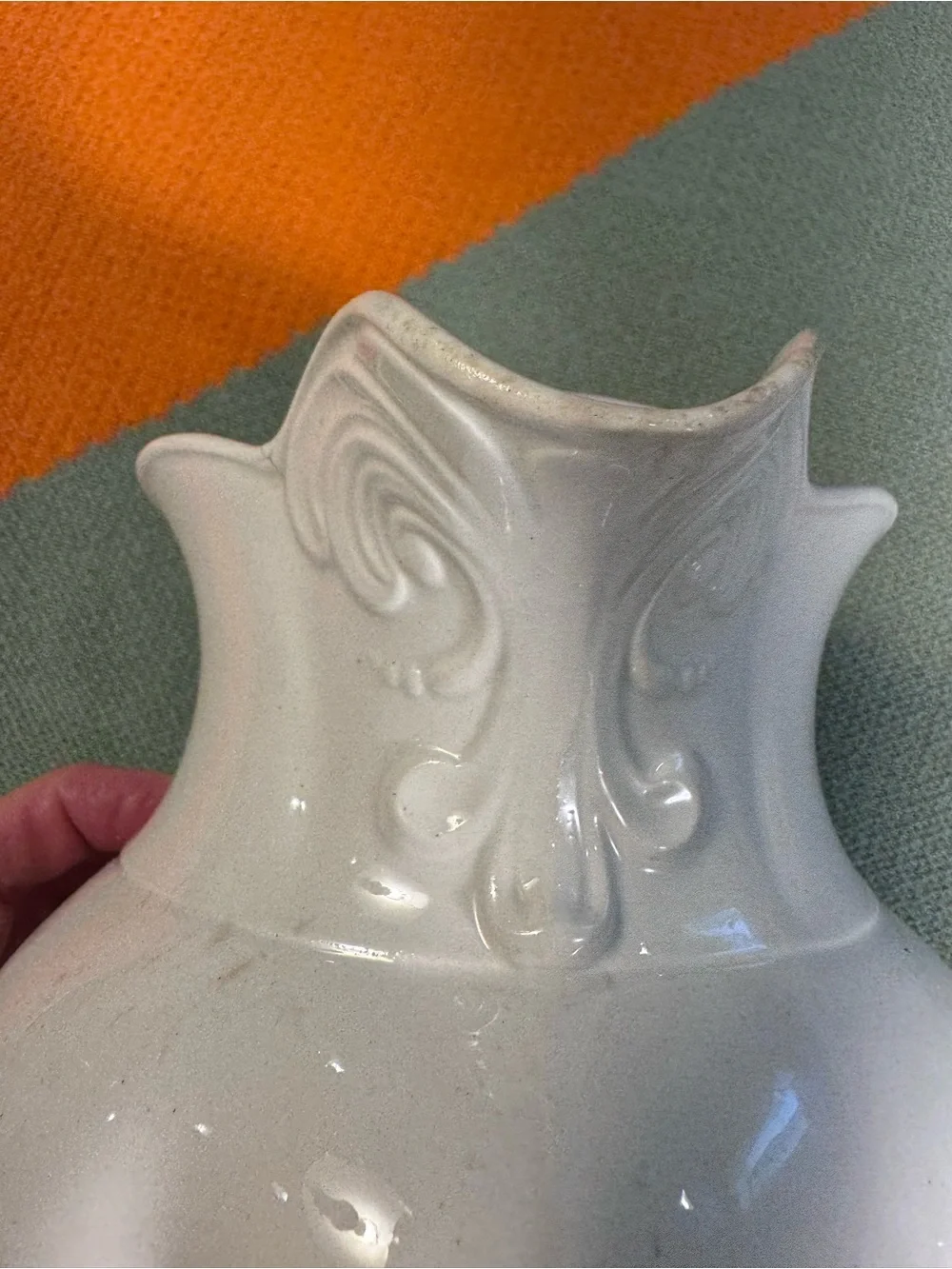 Antique White Ironstone Ice Lip Pitcher Scalloped Ceramic Jug Built-in strainer
